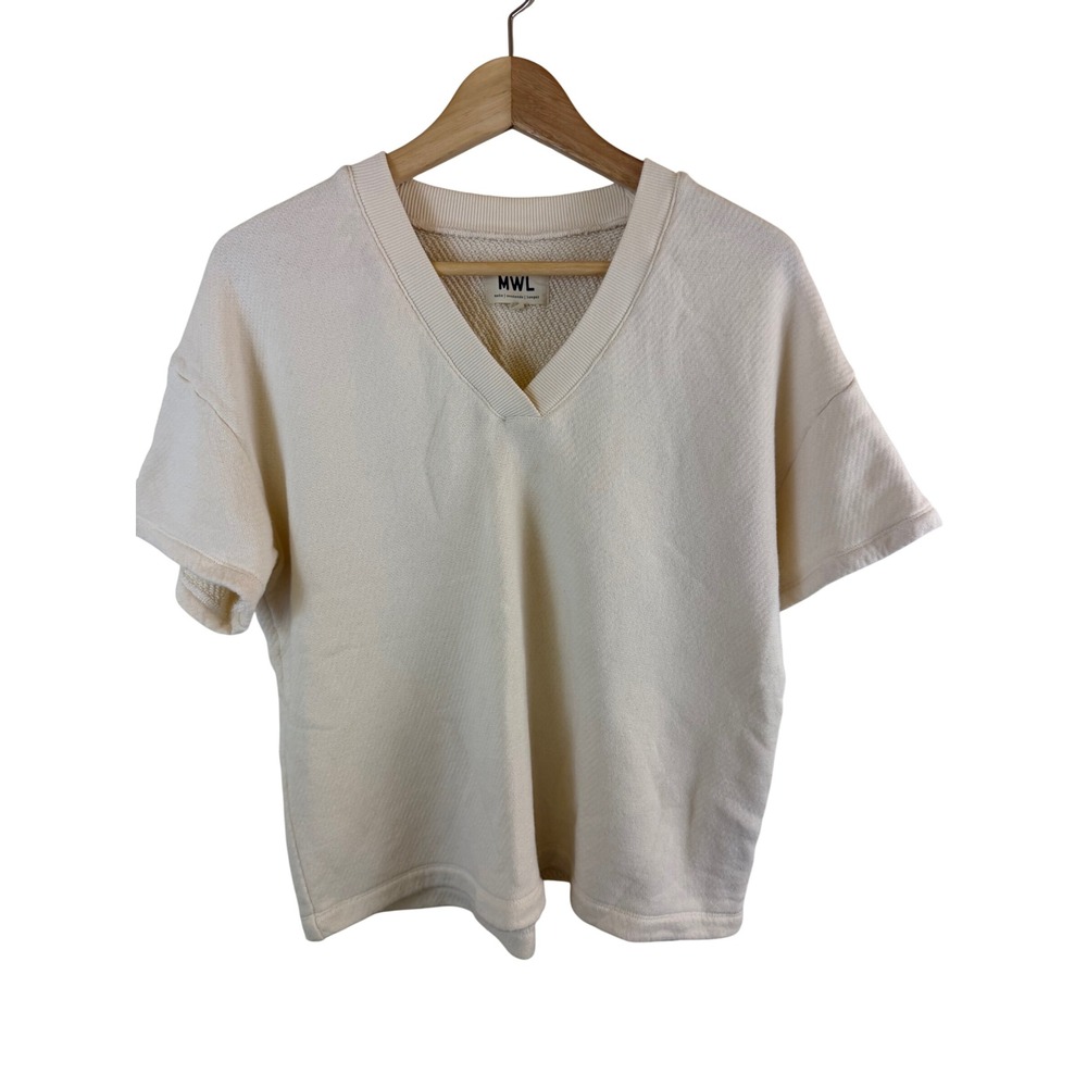 Madewell Airyterry V Neck Sweatshirt Tee Women Medium Cream Short Sleeve
